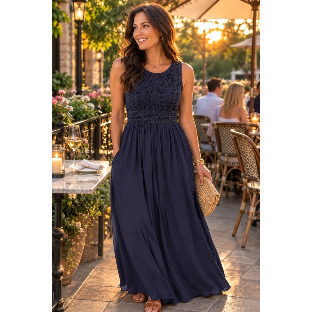 Navy Crochet Lace Sleeveless Dress Sz XL Boho Coastal Garden Party Cottagecore